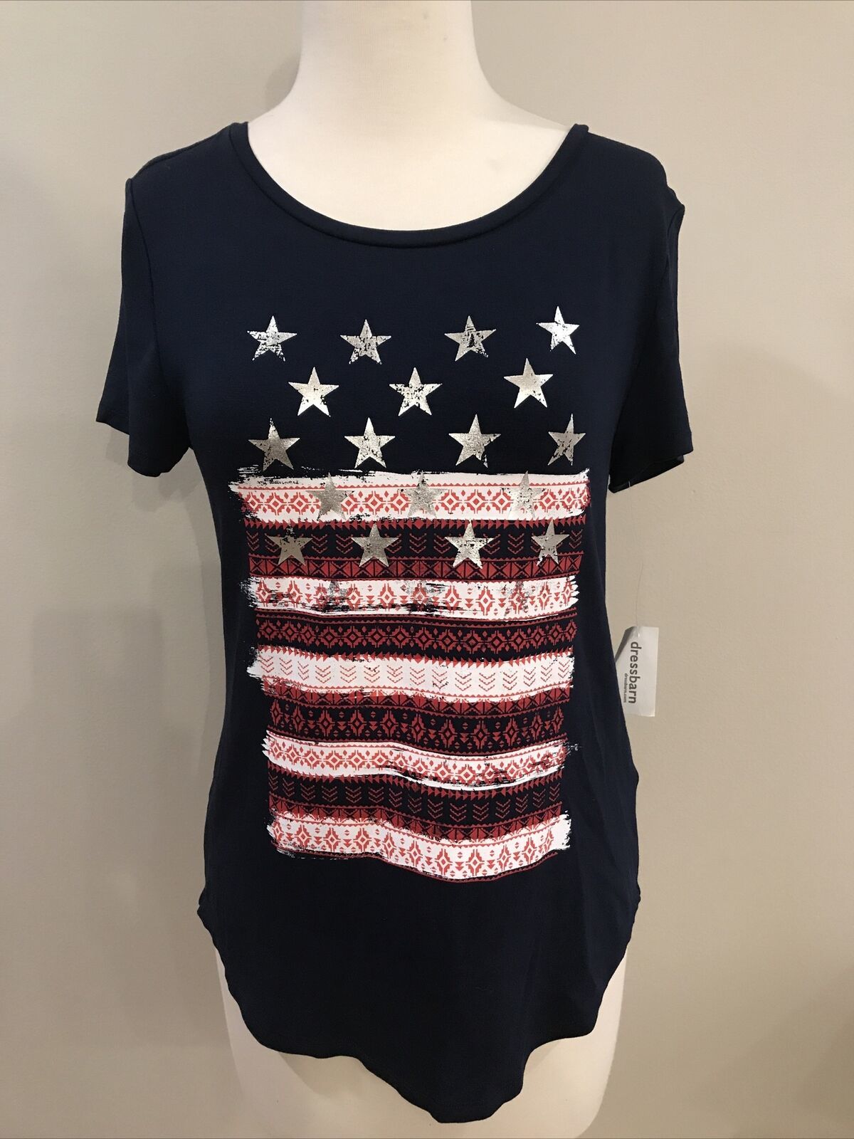 Westport Dressbarn Navy Blue Women&#39;s S/S Tee T-Shirt Size XS Stars Strip... - $12.57