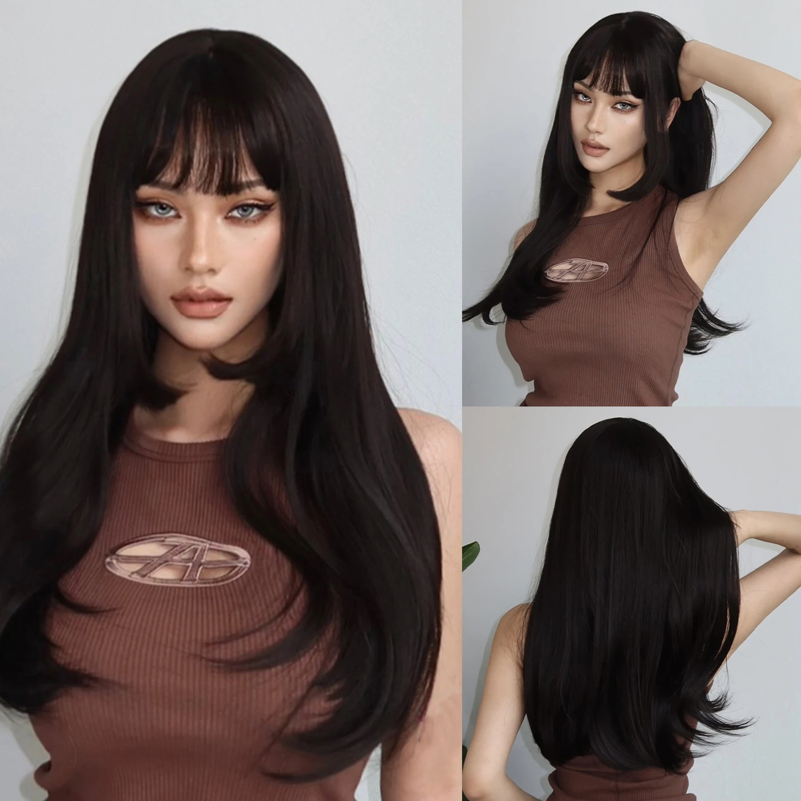 Long Straight Synthetic Wigs Black Brown Cosplay Women&#39;s Wig with Bangs Dai - £15.91 GBP+