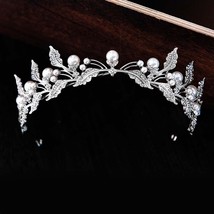Simple Leaf Crystal Pearls Wedding Crowns Rhinestone Tiaras Royal Princess Diade - £19.86 GBP