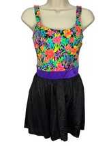 Vintage Christina One Piece Swimsuit Black Neon Floral Shorts Size 10 90s - $29.65