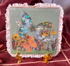 Butterfly Garden Bliss Handcrafted Painted Ceramic Tile For Hanging Fram... - $8.95