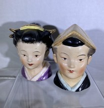 Salt &amp; Pepper Shaker Boy in Rice Straw Kasa Hat And Girl Made In JAPAN - £10.30 GBP