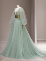 V-Neck Lantern Sleeve Belt Tulle Sequin  Evening Gown  Elegant Evening Dress  - £120.21 GBP