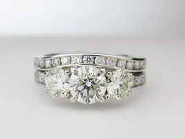 3CT Round Lab-Created 3-Stone Engagement Wedding Ring Set 14K White Gold Finish - £66.26 GBP
