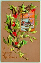 Mistletoe Holly Cabin Scene A Merry Christmas Embossed 1909 DB Postcard F7 - £5.38 GBP