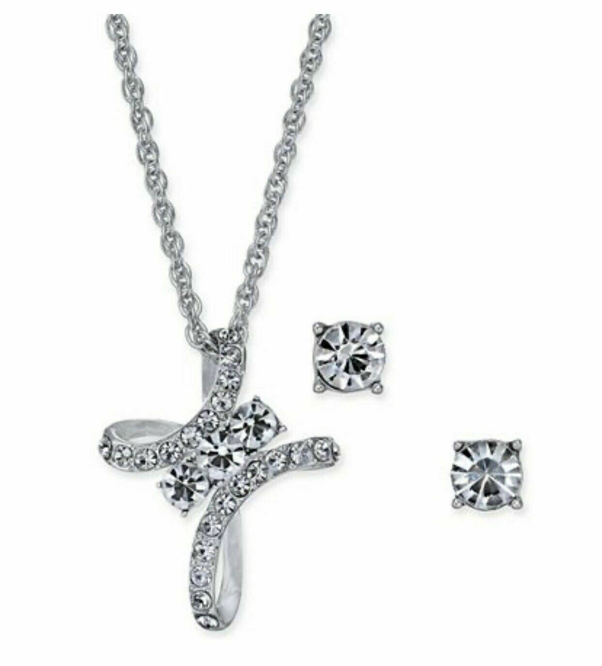 Charter Club Silver-Tone Crystal Cross Pendant Necklace & Earring Set New in Box - £10.21 GBP