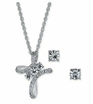Charter Club Silver-Tone Crystal Cross Pendant Necklace &amp; Earring Set New in Box - £10.22 GBP