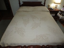 REVERSIBLE Woven ANGEL &amp; SWIRL DESIGN Cotton Fringed BEDSPREAD - 96&quot; x 102&quot; - $79.00