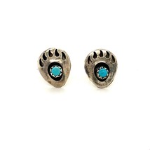 Vtg Sterling Signed 925 Navajo Southwest Turquoise Stone Bear Paws Stud Earrings - £29.48 GBP