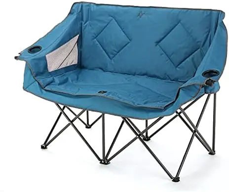 Folding Double Duo Camping Chair Loveseat w/ 2 Cup &amp; Wine Glass Holder, - £115.21 GBP+