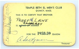 1958 - 1959 Temple Beth El Men&#39;s Club Membership Card - $13.55 CAD