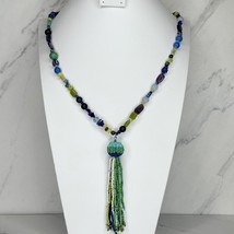 Chico&#39;s Blue and Green Beaded Tassel Pendant Silver Tone Necklace - $19.79