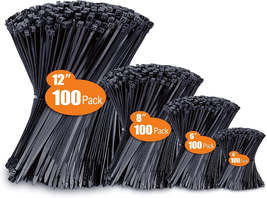 Zip Ties Assorted Sizes(4”+6”+8”+12”), 400 Pack, Black Cable Ties, UV Resistant  - £7.85 GBP