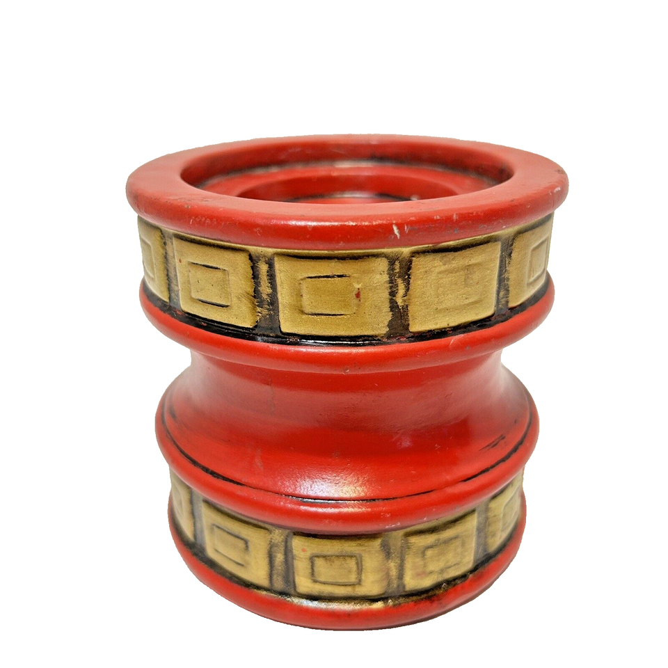 Primary image for Vintage Dickson Wood Handpainted Red Gold Christmas Pillar Candle Holder 4 x 4"