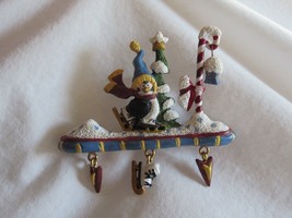 Plaster Vintage Penguin Ice Skating Dangle Christmas Lapel Pin Brooch Candy Cane - £7.83 GBP