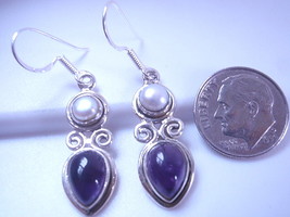 Cultured Pearl and Amethyst 925 Sterling Silver Dangle Earrings - £9.95 GBP