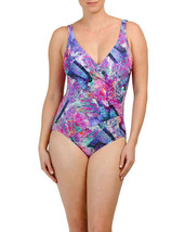 NWT GOTTEX 8 V-neck one-piece swimsuit stained glass wrap draped tummy control - £49.61 GBP