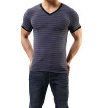 Men&#39;s Eco-Friendly Bamboo Fiber V-Neck T-Shirt in Blue-Gray Stripe - £9.83 GBP