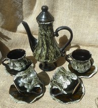 Modern Retro Pottery Handmade Ceramic Set Coffee Tea Pot 4psc pair cup &amp; saucer - £69.00 GBP