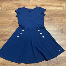 Tommy Hilfiger Solid Navy Blue Dress Girls Size XL/16 Fit Flare Gold But... - £16.79 GBP