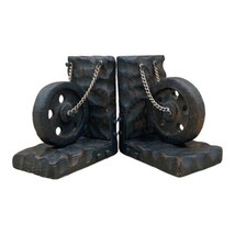 Witco Style Wheel With Chain MCM Carved Wood Bookends - £49.69 GBP
