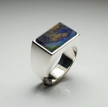 Anello rettangolare piatto azzurite malachite uomo argento 925 uomo anello... - £58.70 GBP