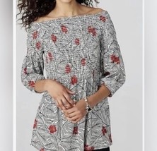 Women&#39;s J. Jill Floral Smocked Stretchy Boho Red Black Tunic Top Size Me... - £15.33 GBP