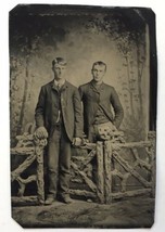 Antique Tintype Photograph Handsome Young Men Standing at Gate Fence Tin Type - £15.64 GBP