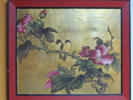 Framed Chinese Oil Painting 22&quot;x18&quot; gold background flowers birds 25.5&quot;x21.75&quot; - £850.66 GBP