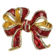 Macy's Holiday Lane Red Bow Brooch Gold Tone Red Enamel Glitter W Rhinestones - $16.90