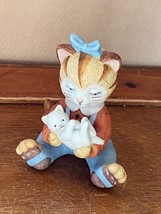 Small BC Marked Orange Tabby Cat w Blue Bow Holding Cute White Baby Kitty Cerami - £7.63 GBP