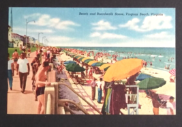 Boardwalk Beach Scene Virginia Umbrella Sunbathers Linen Vtg Postcard c1940s - $7.99