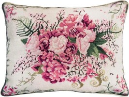 Throw Pillow Needlepoint Floral Fusion 16x20 20x16 Off-White Green Red Cotton - £242.77 GBP