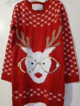 Derek Heart Girl Red Reindeer Lurex w/sequin glasses tunic sweater S   339 - £14.33 GBP