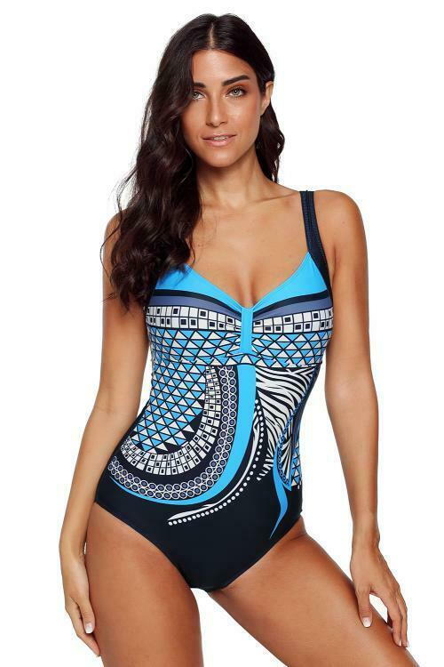 Boutique One PC Athletic Swimsuit NEW Blue Tribal Bathing Suit Padded NEW M,L,XL
