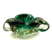 Vintage Hand Blow Green Folded Edge Art Glass Candy Dish Bowl Ashtray 6.5&quot; - £31.11 GBP