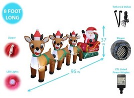 USED 8 Foot Long Christmas LED Inflatable Santa Sleigh Reindeer Party De... - $44.55