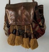 Rare Vintage Holt Renfrew Brown Leather &amp; Brocade Handbag Tassels BOHO - $39.59