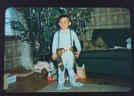 1953 Color Slide Christmas Happy Boy With Toy Guns Sofa Mid Century Playing - $14.99