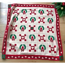 Vintage Christmas Scarf Square Heart Wreath Bell Red Green 100% Cotton - £10.21 GBP