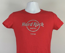 Hard Rock Hotel Tulsa T Shirt Juniors Large Silver Glitter Logo Red Cotton - £17.12 GBP