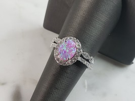 Womens Vintage Estate Sterling Silver Pink Opal Stone Ring Set 4.8g E6421 - £27.69 GBP