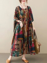 Short Sleeve Cotton Linen Vintage Print Summer Long Dresses For Women 2023 Casua - £54.01 GBP