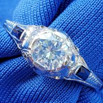 Earth mined Diamond Deco Engagement Ring 0.72 ct Vintage Sapphire Solitaire 14k - $5,315.25