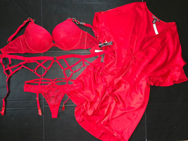 Victoria&#39;s Secret 34C,34DD,36D BRA SET+garter+M thong+ROBE kimono RED lace gold - £134.12 GBP