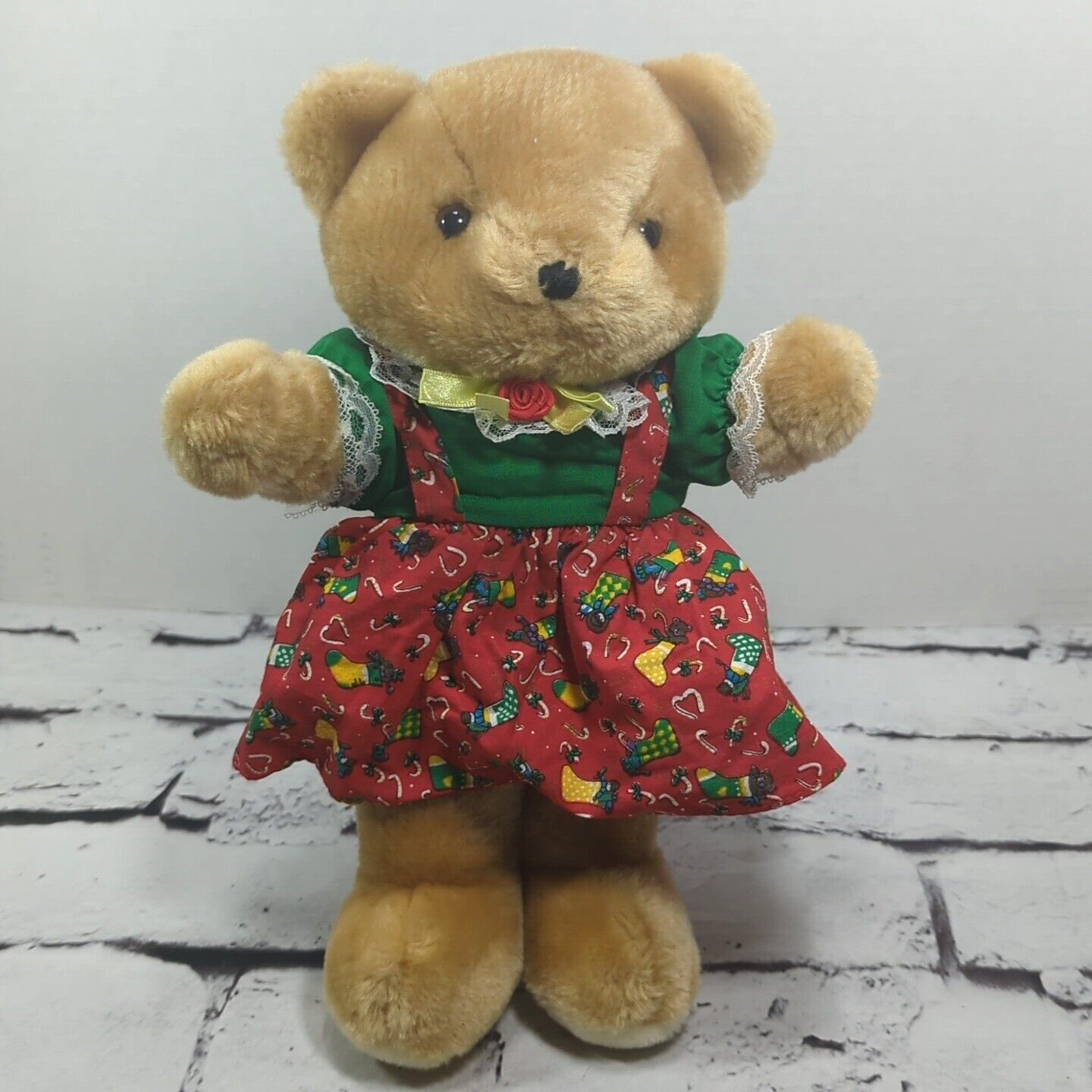 Christmas Teddy Bear Vintage 80's In Pinafore Dress - $19.79