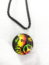 Bob Marley Peace Stripe Glass Double Sided Pendant Black Leather 18&quot; Necklace - £7.98 GBP