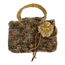 Knitted Wool Purse Bamboo Handle Beaded Flower Vintage Boho Kitsch Handbag - $18.22