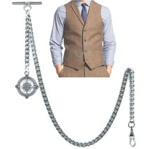 Albert Chain Silver Tone Pocket Watch Chain Compass Style Fob Swivel Cli... - $17.99