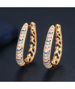 1 Ctw Created MultiColor 14K Yellow Gold Plated Crystal Dangle Hoop Earrings - $144.10